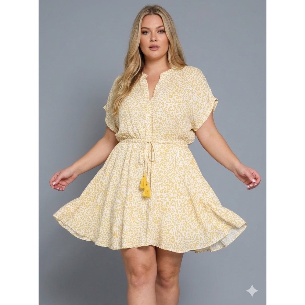 Aakaa Womens Yellow Leopard Print Short Sleeve Tassel Drawstring Mini Dress L